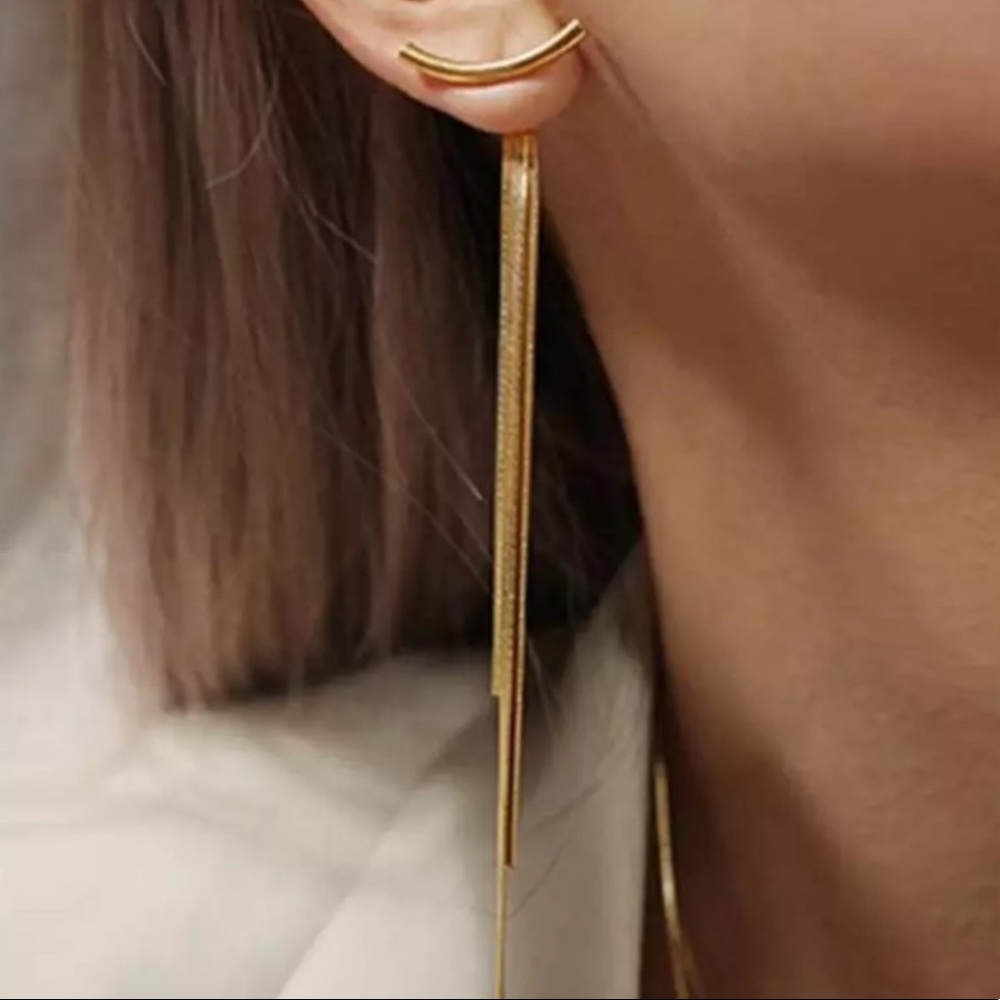 🔥NEW 18K Yellow Gold Bar Long Tassel Earrings🔥 - Picture 1 of 8